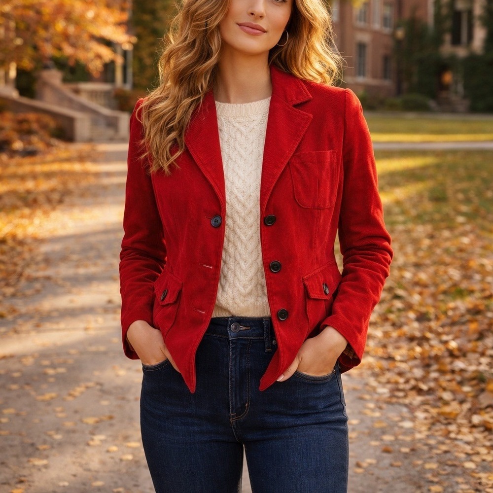 Talbots Red Corduroy Blazer Petite 8 Stretch Jacket Classic Preppy 3 Button